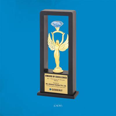 Acrylic Trophy Blue Black And Golden With Wood Metal And Crystal Elements For Office Use 3878 Manufacturers in Ghaziabad
