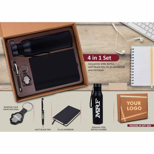 Black PU Corporate Gift Set for Gifting with Water Bottle Diary Keychain and Pen Manufacturers in Delhi