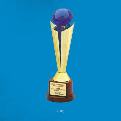 Brass Crystal Award Trophies Blue And Golden Round Shape With Printed Design For Office 3877 Manufacturers in Ghaziabad