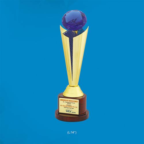 Brass Crystal Award Trophies Blue And Golden Round Shape With Printed Design For Office 3877 Manufacturers in Delhi