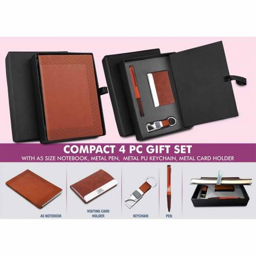 Compact 4 in 1 Gift Set A5 Notebook Metal Pen PU Keychain and Card Holder Manufacturers in Delhi