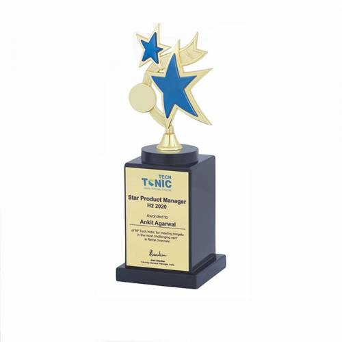 Golden And Blue Star Metal Trophy 9 Inch Rectangular Shape With Printed Design For Trophies 3937 Manufacturers in Delhi