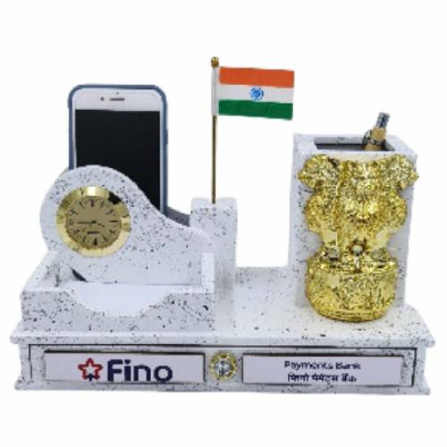 Pen Stand with Flag White and Golden Perfect for Office Use Manufacturers in Delhi