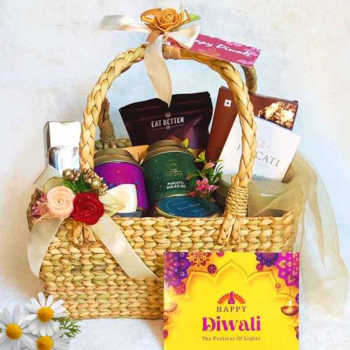 Premium Festive Gift Hamper with Tea Snacks Chocolates and Elegant Basket Manufacturers in Delhi