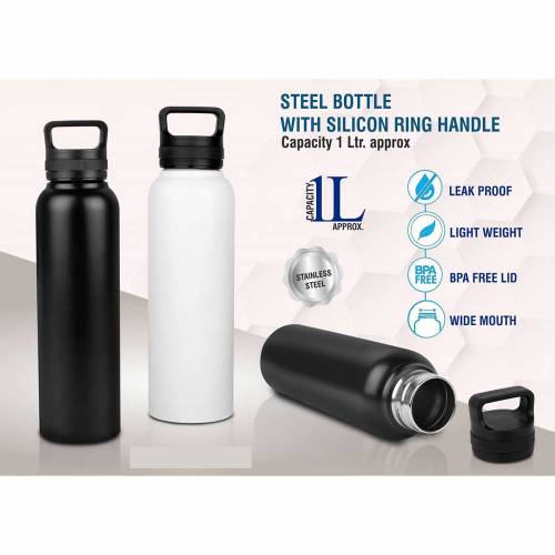 Round Stainless Steel Bottle Simple Black and White Design Manufacturers in Delhi