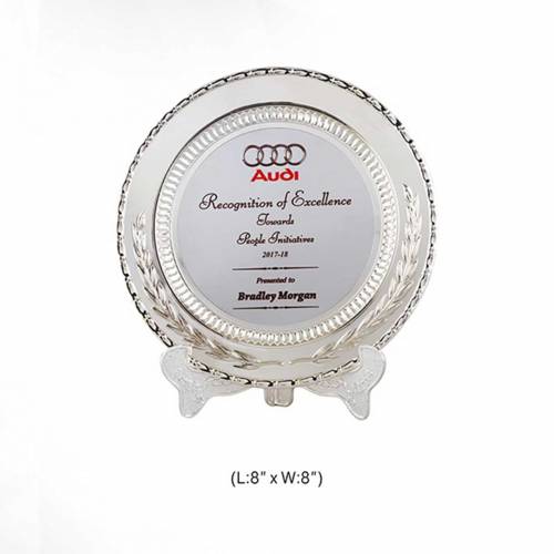 Silver Plate Metal Trophy Memento with Customized Logo Circle Dial for Awards 3744 Manufacturers in Delhi