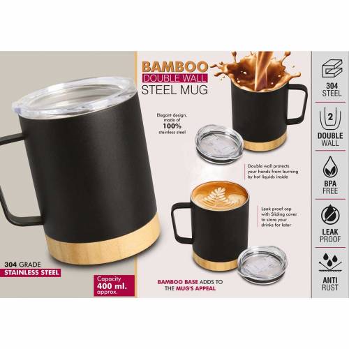 Stainless Steel Mug with Bamboo Accent Plain Design Anti Rust Customized Office Use Manufacturers in Delhi