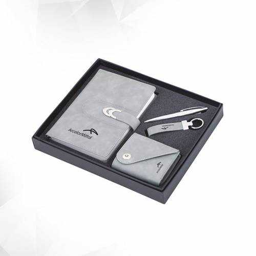 Stylish 4 In 1 Gift Set Grey Leather Notebook Wallet Pen Keychain Ideal for Gifting Manufacturers in Delhi
