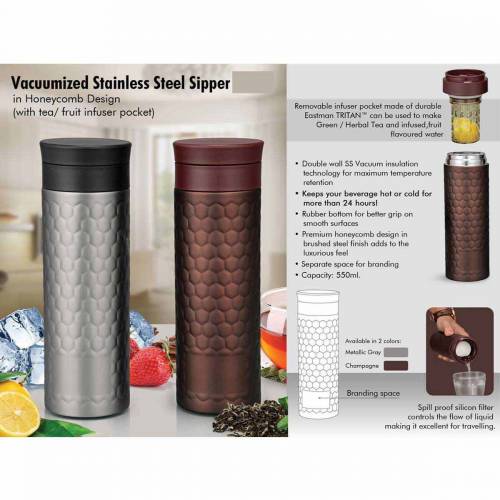 Vacuumized Stainless Steel Sipper Direct Mestuices In Honeycomb Design With Tea Fruit Infuser Pocket Manufacturers in Delhi