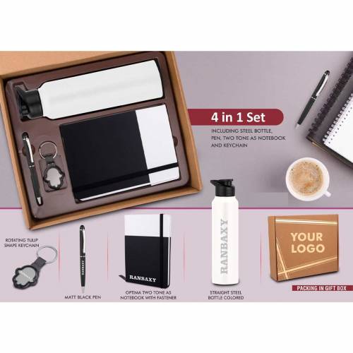 White and Black Stainless Steel Corporate Gift Set with Bottle Pen Keychain and Notebook Manufacturers in Delhi