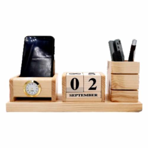 Wooden Pen Stand with Calendar Goti  Analog Clock Brown Perfect for Office and Home Manufacturers in Delhi
