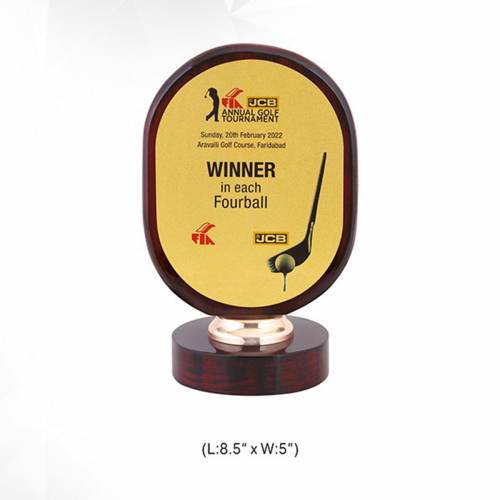 Wooden Trophy with Metal Sheet Golden and Brown Color Trophies and Awards 3704 Manufacturers in Delhi
