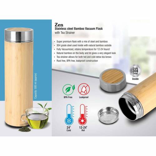 Zen Stainless Steel Bamboo Vacuum Flask With Tea Strainer Manufacturers in Delhi